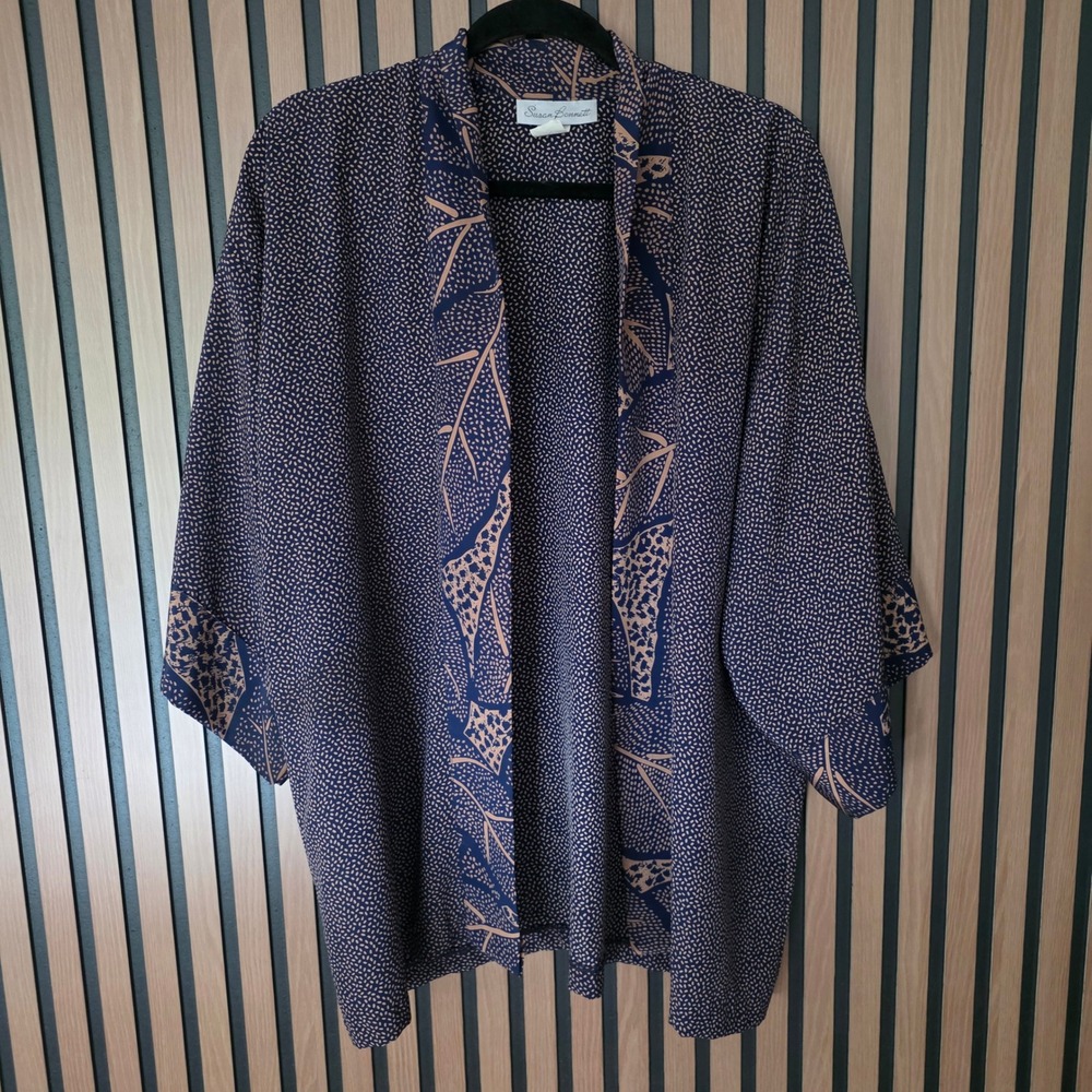 VTG‎ 80s Susan Bennett Kimono Womens Size 6 Navy Blue Botanical Print Open Front